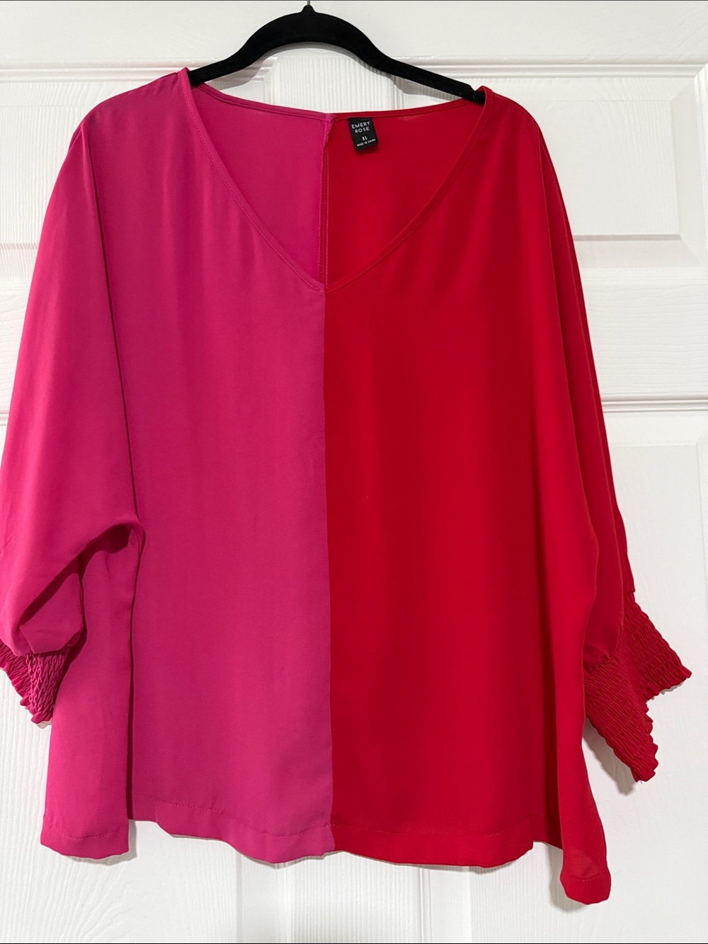 Two-Tone V-Neck Blouse in Fuchsia and Red by Eloquii